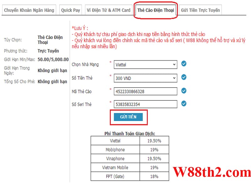 thẻ cào điện thoại w88